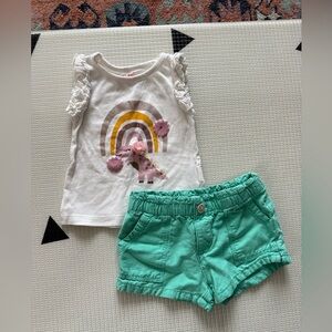 Oshkosh B’gosh|Baby girl cute summer outfit,teal shorts & white rainbow tank•••